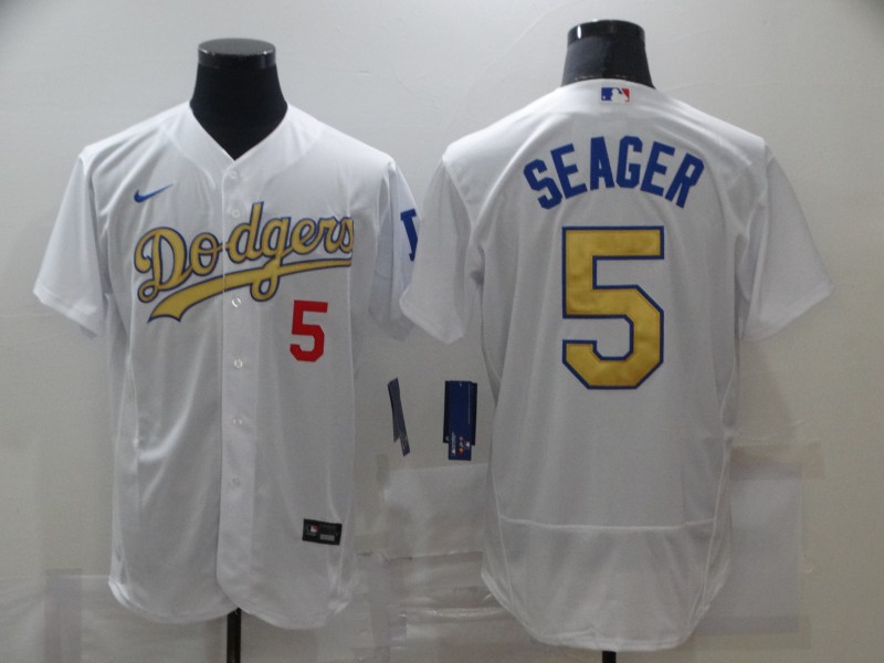 Men's Los Angeles Dodgers #5 Corey Seager 2021 White Gold Sttiched Jersey